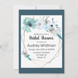 Invitation Aquarelle Mist Blue Grey Turquoise Floral Gold Fra
