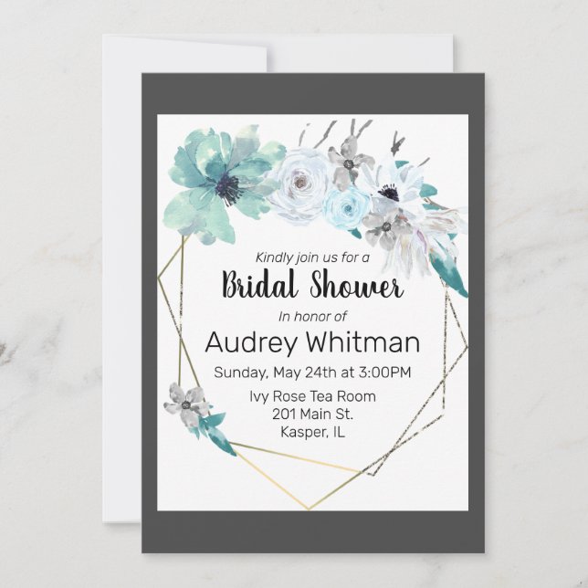 Invitation Aquarelle Mist Blue Grey Turquoise Floral Gold Fra (Devant)