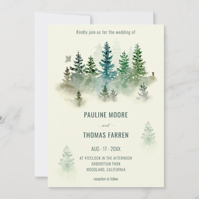 Invitation Aquarelle Misty Forest Retro Rustic Mariage (Devant)