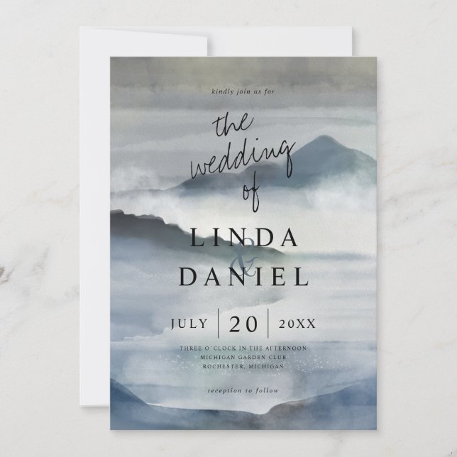 Invitation Aquarelle Misty mountain indigo bleu mariage (Devant)
