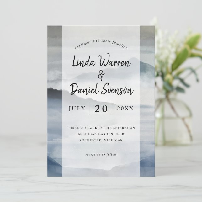 Invitation Aquarelle Misty mountain indigo bleu mariage Inv (Debout devant)