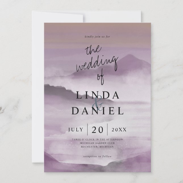 Invitation Aquarelle Misty mountain mariage rose vif (Devant)