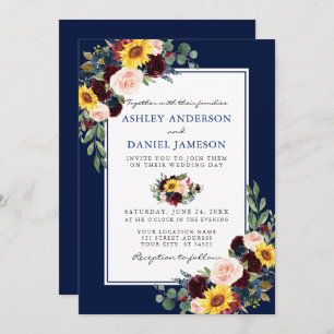 Invitation Aquarelle Mixte Floral Blue Frame Mariage