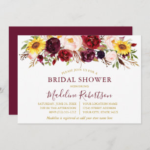 Invitation Aquarelle Mixte Floral Bourgogne Douche Or