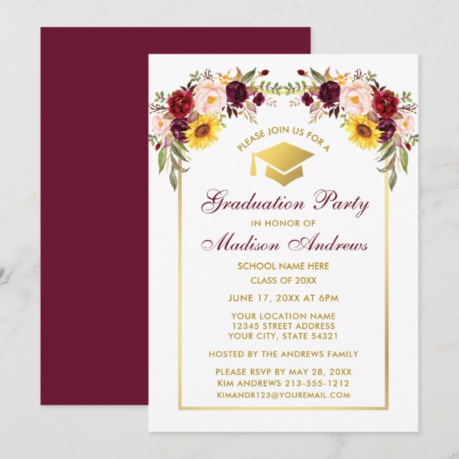 Invitation Aquarelle Mixte Floral Gold Graduation Party (Devant / Derrière)