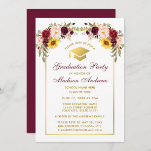 Invitation Aquarelle Mixte Floral Gold Graduation Party