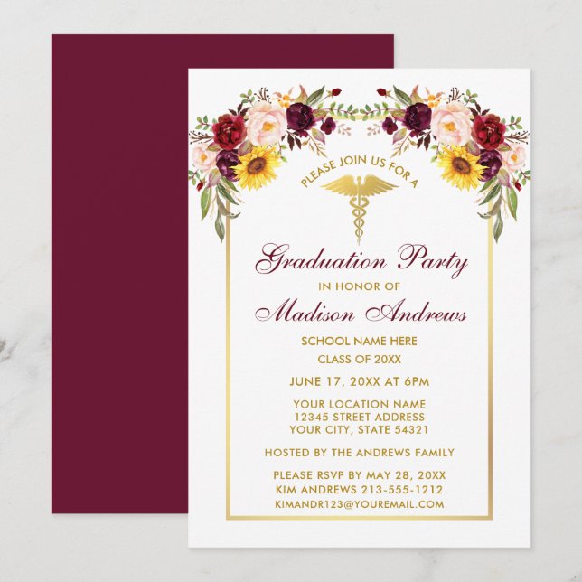 Invitation Aquarelle Mixte Floral Gold Médicale Grad Party (Devant / Derrière)