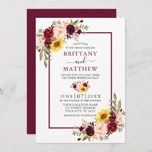 Invitation Aquarelle Mixte Floral Mariage Bourgogne Cadre