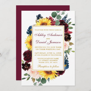 Invitation Aquarelle Mixte Floral Mariage Bourgogne Or