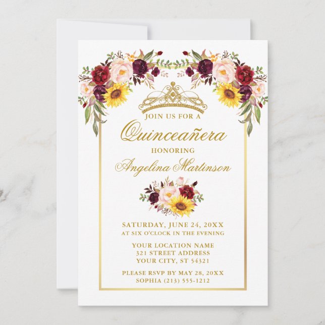 Invitation Aquarelle Mixte Floral Or Cadre Quinceanera (Devant)