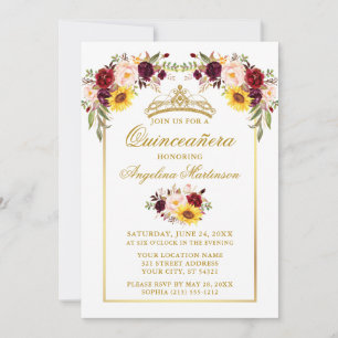 Invitation Aquarelle Mixte Floral Or Cadre Quinceanera