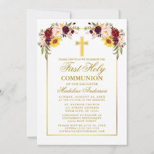 Invitation Aquarelle Mixte Floral Première Communion Or