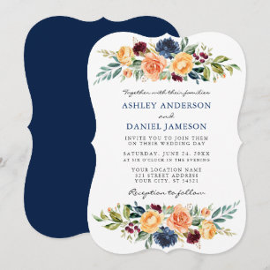 Invitation Aquarelle Mixte Floral Vert Mariage bleu