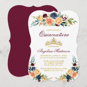 Invitation Aquarelle Mixte Florale Bourgogne Quinceanera