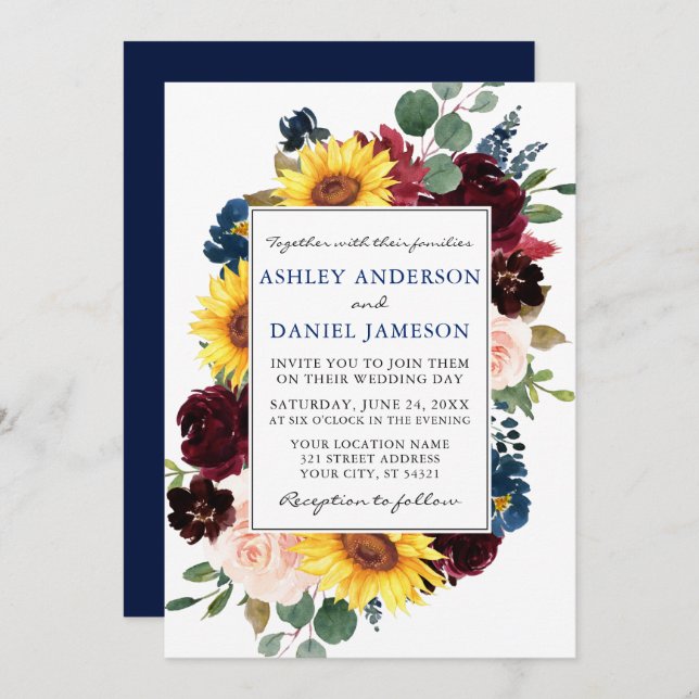 Invitation Aquarelle Mixte Mariage Floral Bleu (Devant / Derrière)