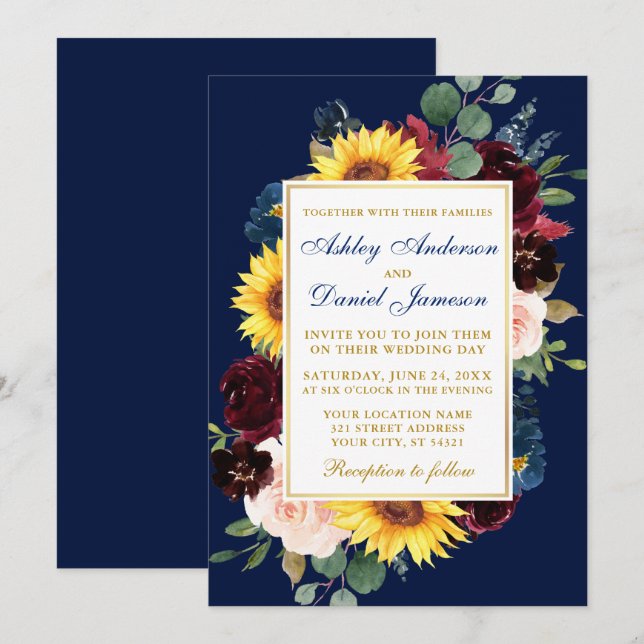 Invitation Aquarelle Mixte Mariage Floral Bleu Or (Devant / Derrière)