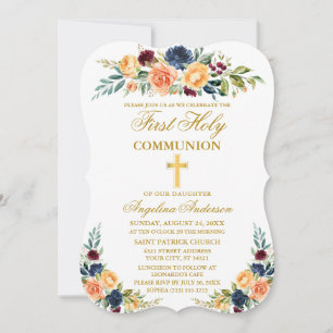Invitation Aquarelle Mixte Or Floral Première Communion Saint