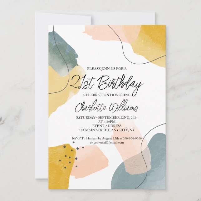 Invitation Aquarelle moderne 21ème anniversaire fête (Devant)