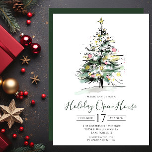 Invitation Aquarelle moderne Arbre de Noël Open House