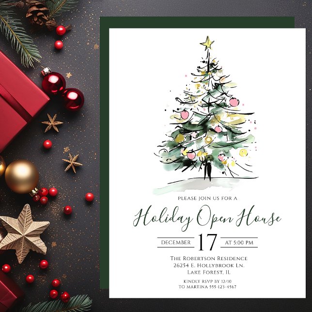 Invitation Aquarelle moderne Arbre de Noël Open House (Créateur téléchargé)