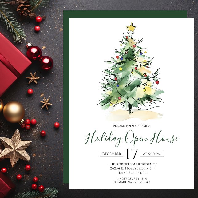 Invitation Aquarelle moderne Arbre de Noël Open House (Créateur téléchargé)