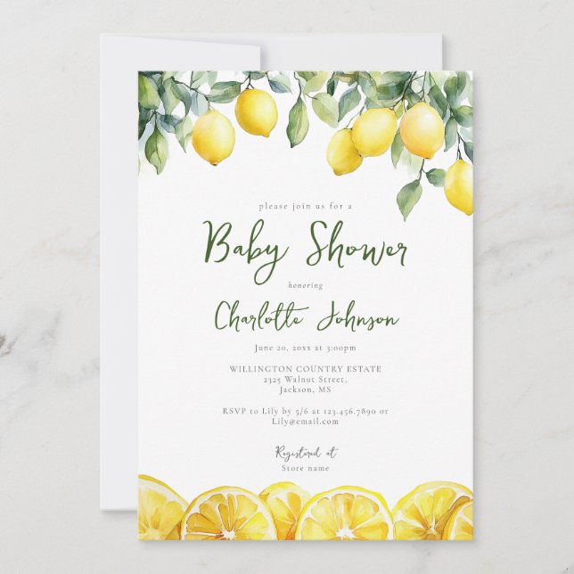 Invitation Aquarelle moderne Baby shower Citrus citron (Devant)