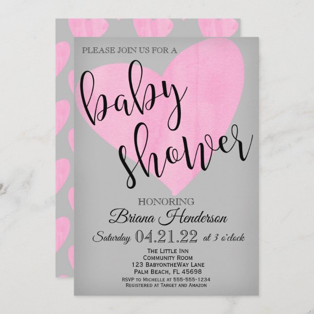 Invitation Aquarelle moderne Baby shower Coeur rose (Devant / Derrière)
