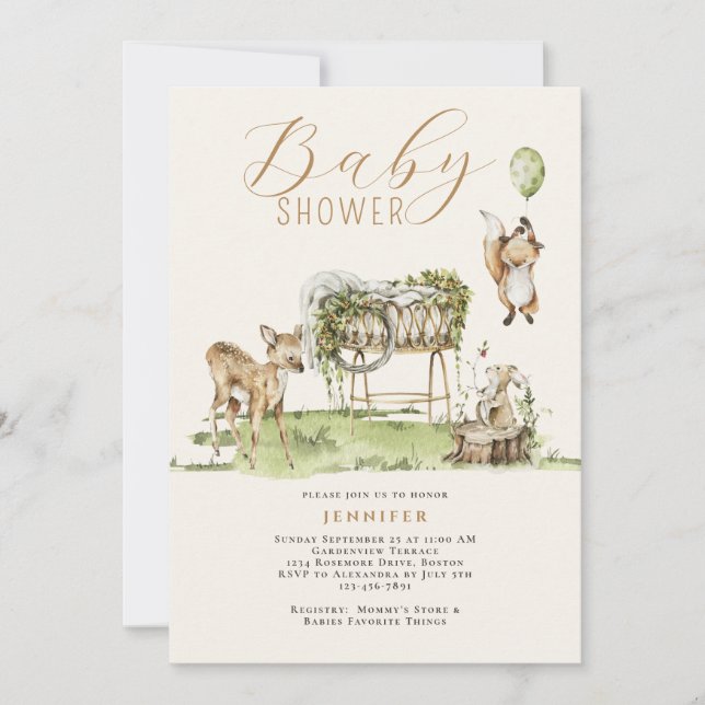 Invitation Aquarelle moderne Baby shower des animaux de bois (Devant)