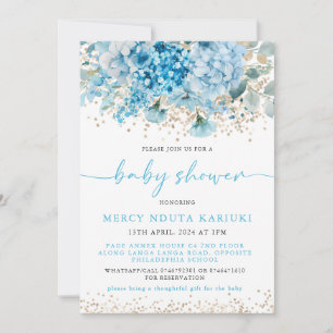 Invitation Aquarelle moderne Baby shower Floral bleu or