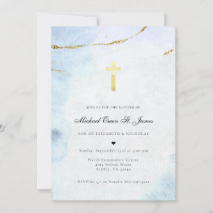 Invitation Aquarelle moderne Baptême bleu et or