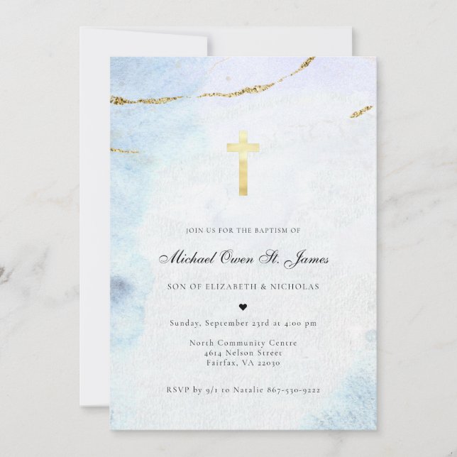 Invitation Aquarelle Moderne | Baptême Bleu & Or (Devant)