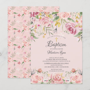 Invitation Aquarelle moderne Baptême floral rose pâle