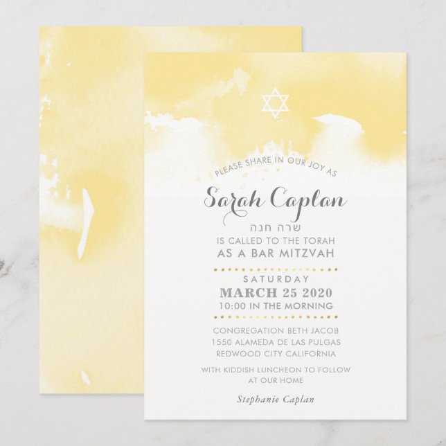Invitation Aquarelle moderne bat mitzvah jaune pâle gris (Devant / Derrière)