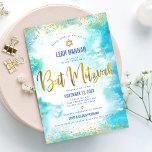 Invitation Aquarelle moderne bat mitzvah or Turquoise<br><div class="desc">Soyez fier, réjouissez-vous et présentez cette étape importante de votre Bat mitzvah préféré ! Envoyez cette fausse feuille d'or brillant, moderne, étincelante, des points de parties scintillant et un script de typographie contre un arrière - plan d'aquarelle turquoise, invitation personnalisée pour un événement à se souvenir. Personnalisez le texte personnalisé...</div>