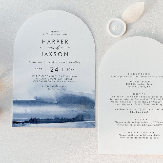 Invitation Aquarelle moderne bleu avant et arrière arche Mari (Modern Watercolor Blue Front and Back Arch Wedding Invitation)