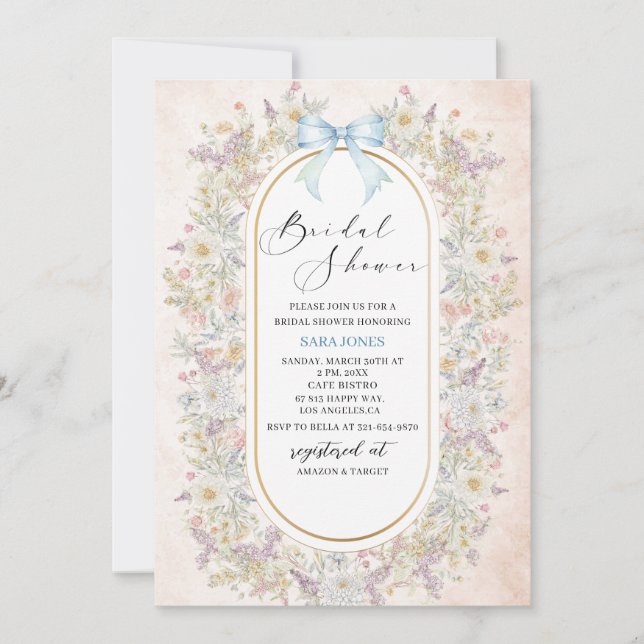 Invitation Aquarelle moderne Bleu fleurs rétro Brides Sh (Devant)
