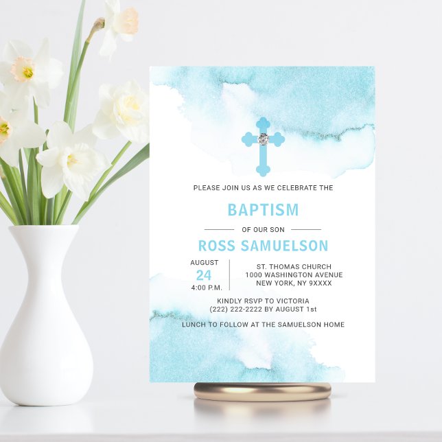 Invitation Aquarelle moderne Bleu GARÇON Baptême Christening (Créateur téléchargé)