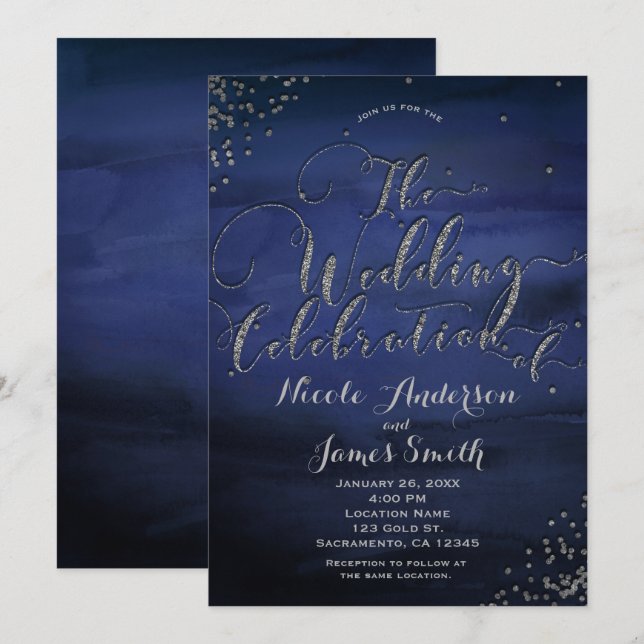Invitation Aquarelle moderne Bleu Mariage d'argent Célébratio (Devant / Derrière)