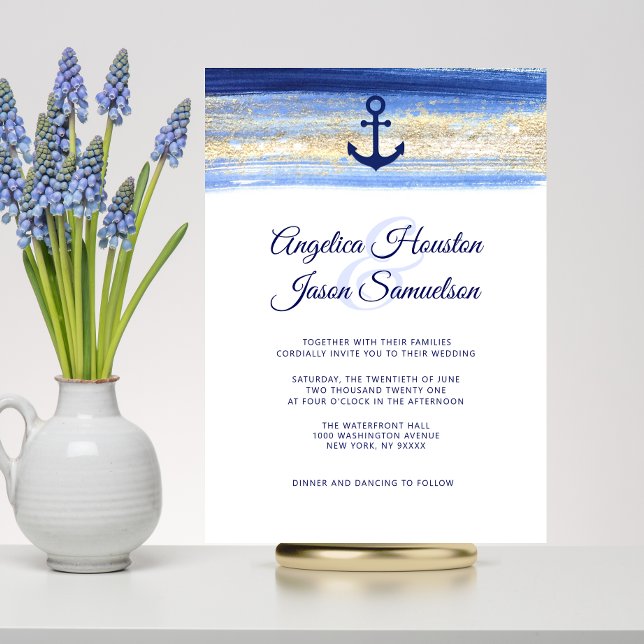 Invitation Aquarelle moderne bleu marine or Mariage nautique (Créateur téléchargé)