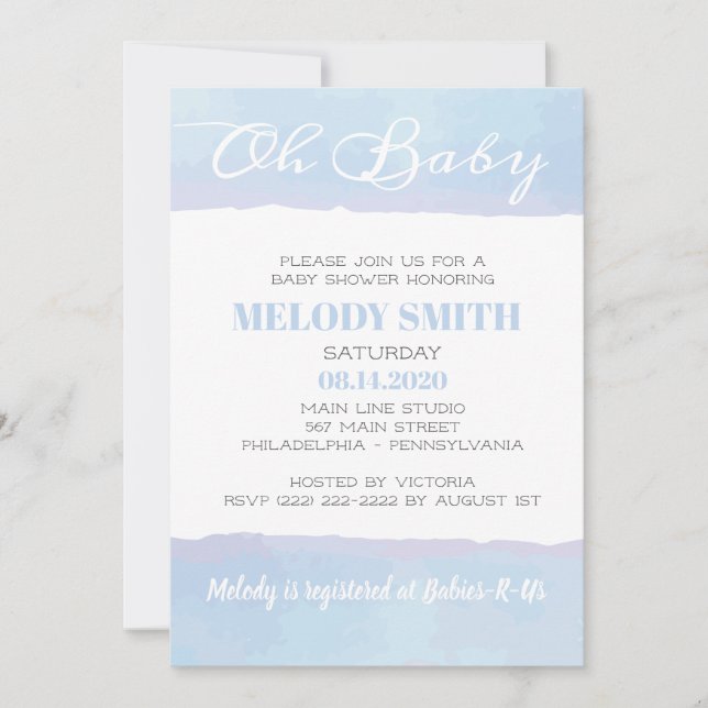 Invitation Aquarelle moderne bleu OH Baby shower BÉBÉ (Devant)