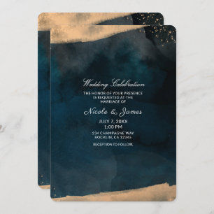 Invitation Aquarelle moderne Bleu & Pêche Corail Chic Mariage