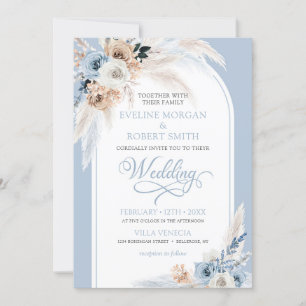 Invitation Aquarelle moderne bleu rose pampas arc tropical