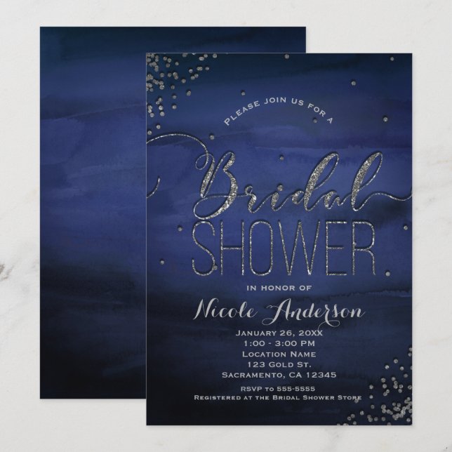 Invitation Aquarelle moderne Bleu Silver FÊTE DES MARIÉES (Devant / Derrière)