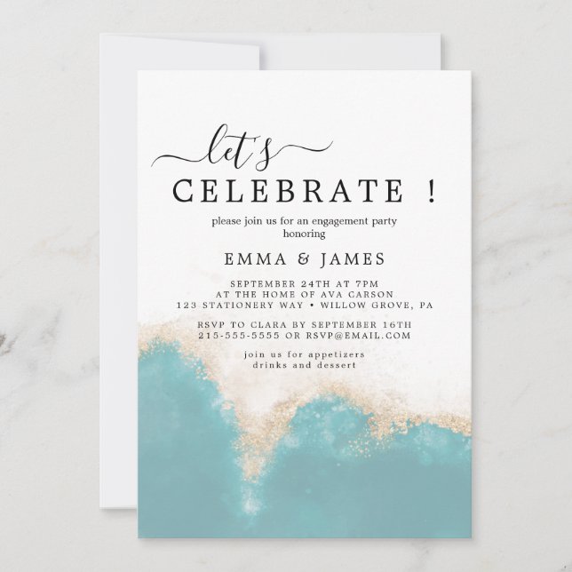 Invitation Aquarelle Moderne | Bleu Vert Fêtons  (Devant)