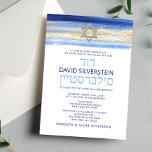 Invitation Aquarelle moderne Blue Gold Bar Mitzvah Hébreu<br><div class="desc">Belle carte d'invitation religieuse juive Bar Mitzvah. Design moderne mais élégant d'aquarelle dans les couleurs bleu brosse, bleu clair à bleu marine. Gold Star de David au milieu avec un faux coup de brosse en feuille d'or. Lettres de script modernes. 'Est appelé à la TORAH comme un Bar Mitzvah'. Préfet...</div>