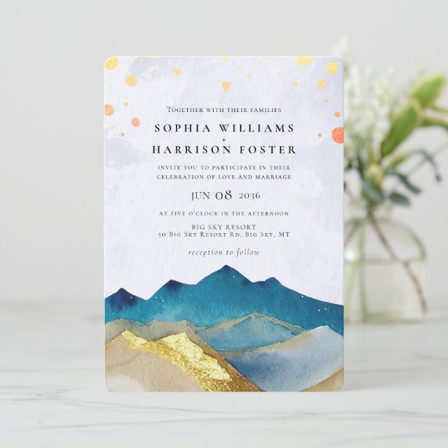 Invitation Aquarelle moderne Blue Gold Mountain Mariage photo (Debout devant)