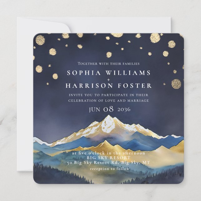 Invitation Aquarelle moderne Blue Gold Mountain Mariage photo (Devant)