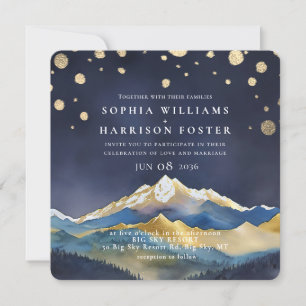 Invitation Aquarelle moderne Blue Gold Mountain Mariage photo