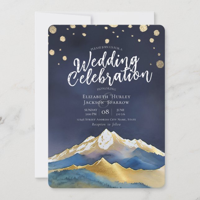 Invitation Aquarelle moderne Blue Gold Mountain Mariage photo (Devant)