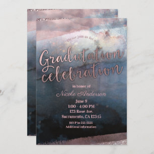 Invitation Aquarelle moderne Blue Rose Gold Graduation 2018